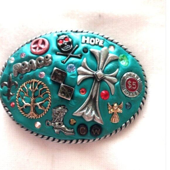 One-of-a-Kind Handcrafted Clay Belt Buckle Peace Skull Cross Vegas Hippie main image 7